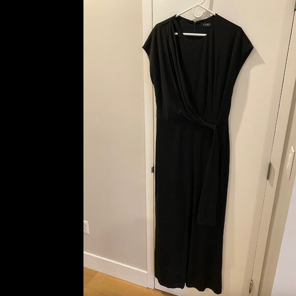 Lauren Ralph Lauren Black Tie-Front Jersey Wide-Leg Jumpsuit | Size 14 - Picture 2 of 8